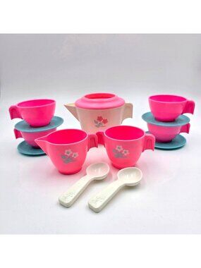 Fisher Price 1982 Tea Set Pink Blue White 13pc Floral Pretend Play Dishes Read